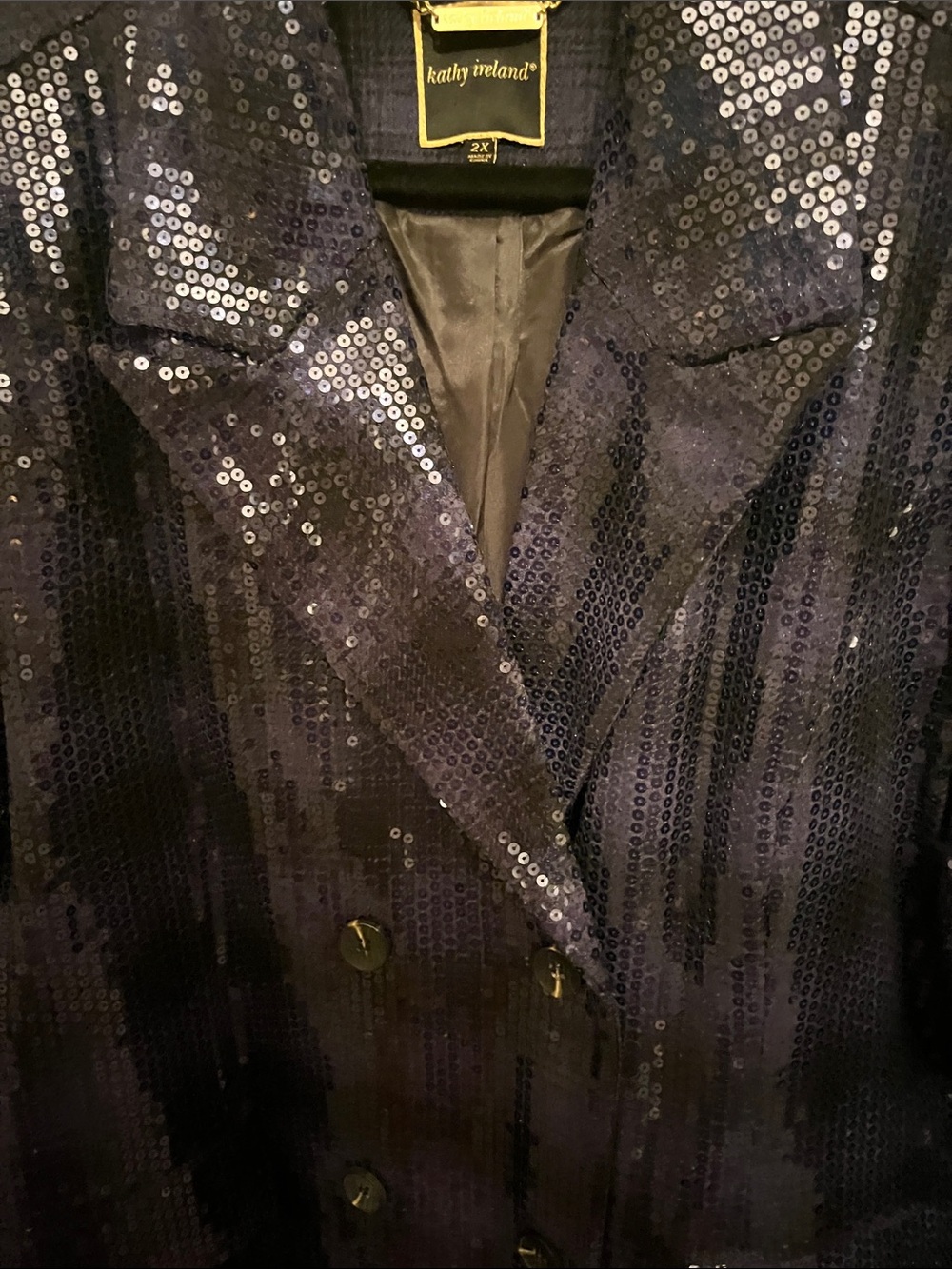 kathy ireland Navy/Black Houndstooth Sequin Double-Breasted Evening Coat